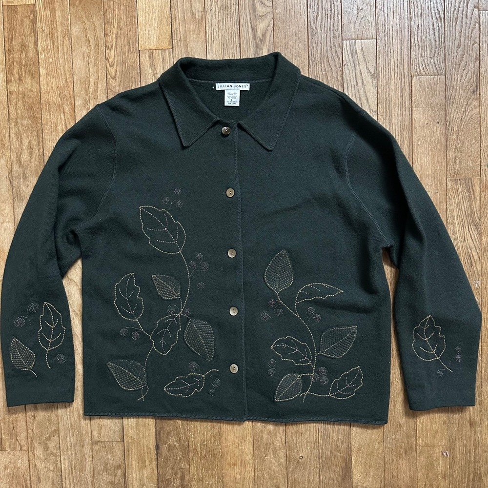 Vintage Jillian Jones Green 100% Wool Embroidered Leaf Button Cardigan Sweater L